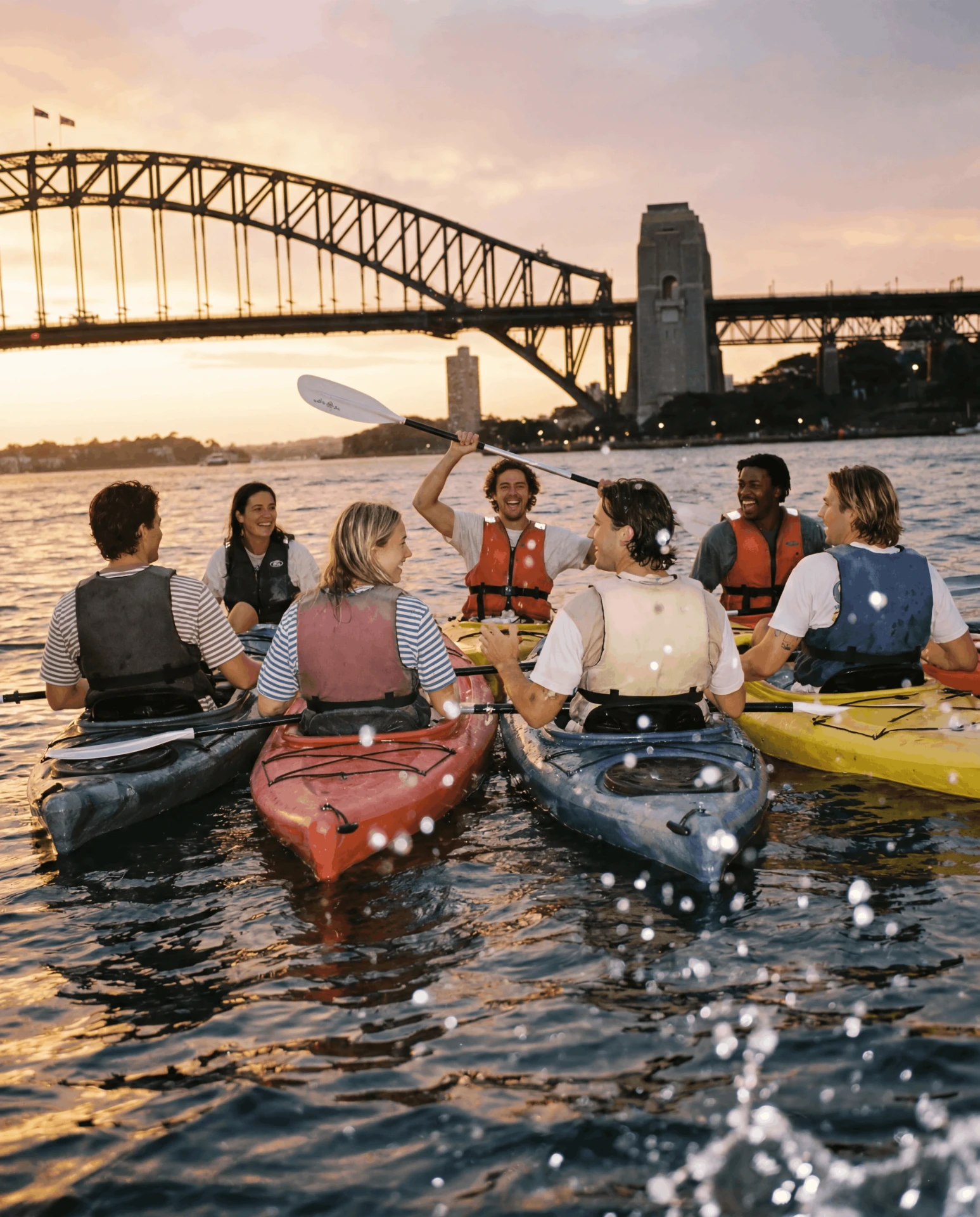 A group of friends kayaking together on open water on a guided tour