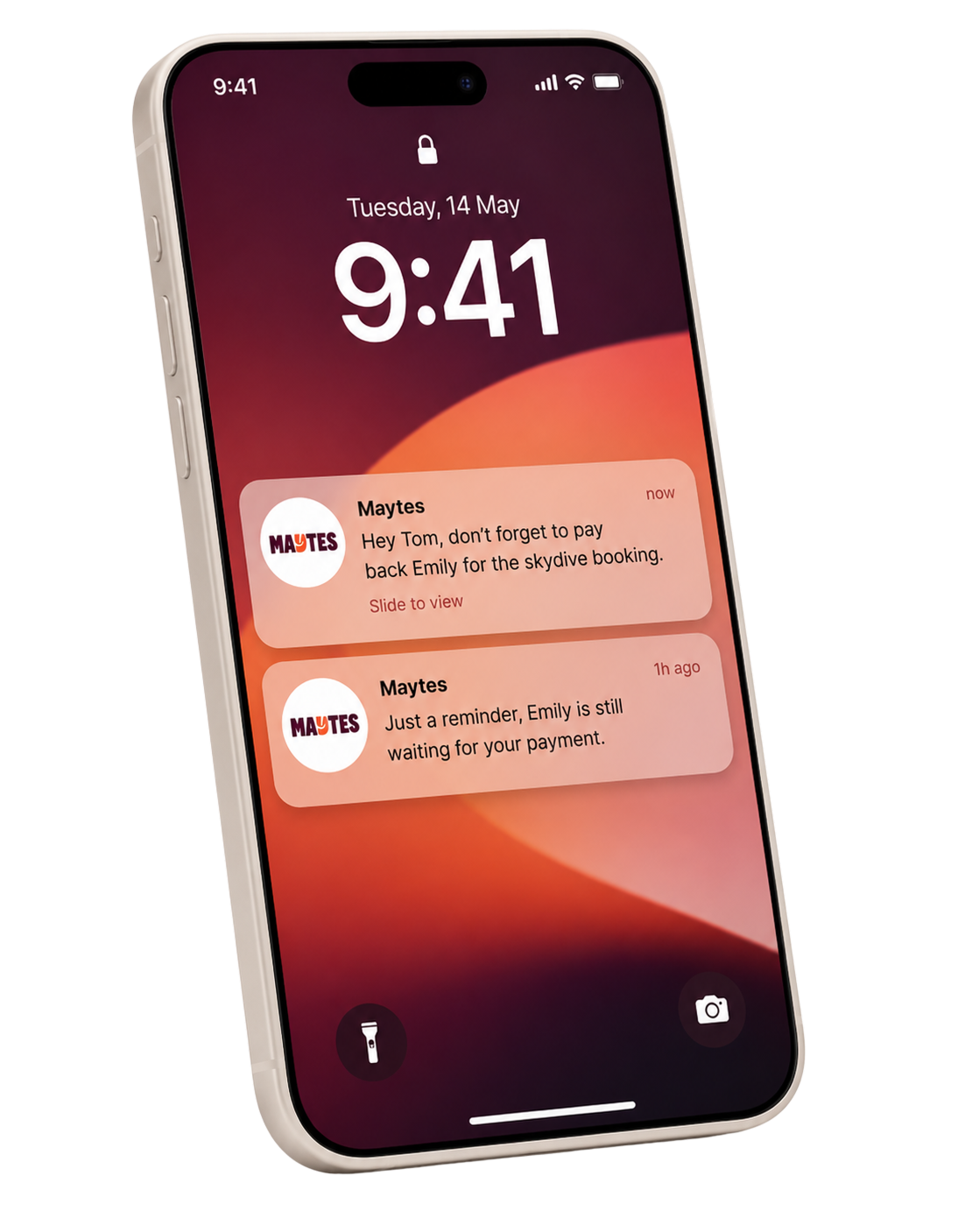 iPhone lock screen receiving two Maytes payment reminders