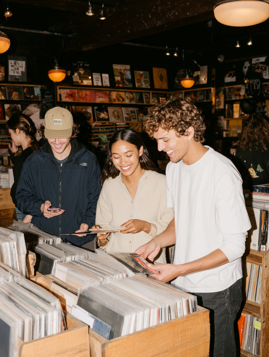 Three friends browsing records together in a vinyl store